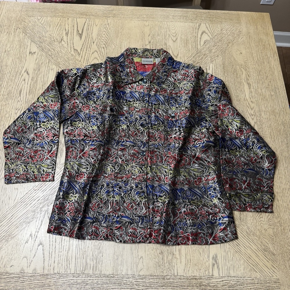 Chico's Size 1 Medium‎ Rainglow Alicia Jacket Black Multicolor Silk Blend Floral